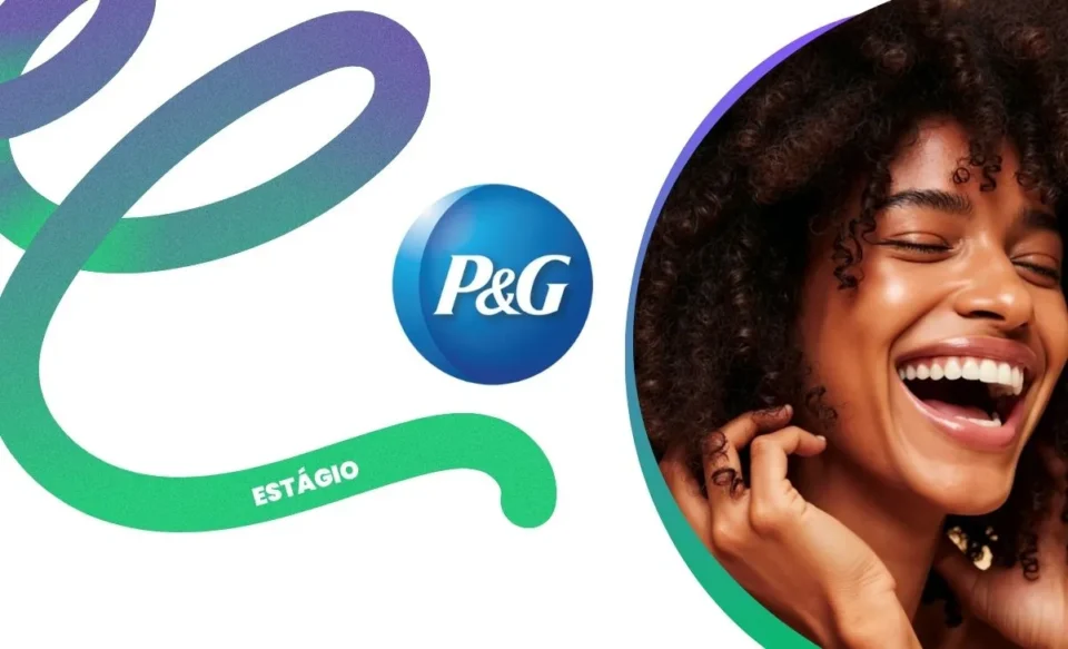 Logomarca da P&G centralizada, com uma mulher negra sorrindo, tocando o próprio cabelo. A imagem celebra a diversidade, a beleza e o foco do Programa P&G pra Você na valorização de talentos negros e na cultura de inclusão da empresa.