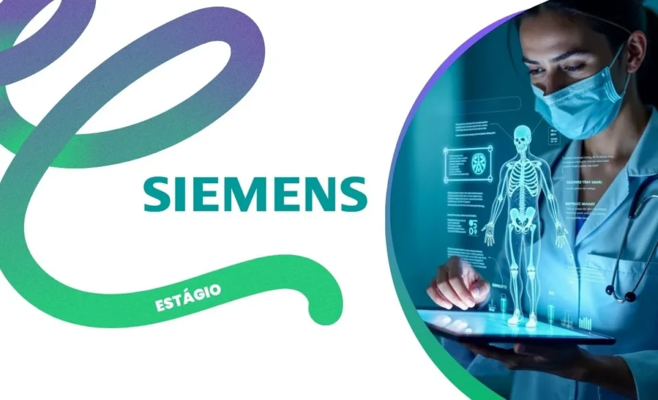 Logomarca da Siemens centralizada, com a imagem de uma médica segurando um tablet, de onde emerge uma imagem holográfica de um esqueleto humano com textos de análise médica. A composição destaca a inovação tecnológica da Siemens na área da saúde e digitalização, representando soluções avançadas e o impacto da empresa em diversas áreas do conhecimento.