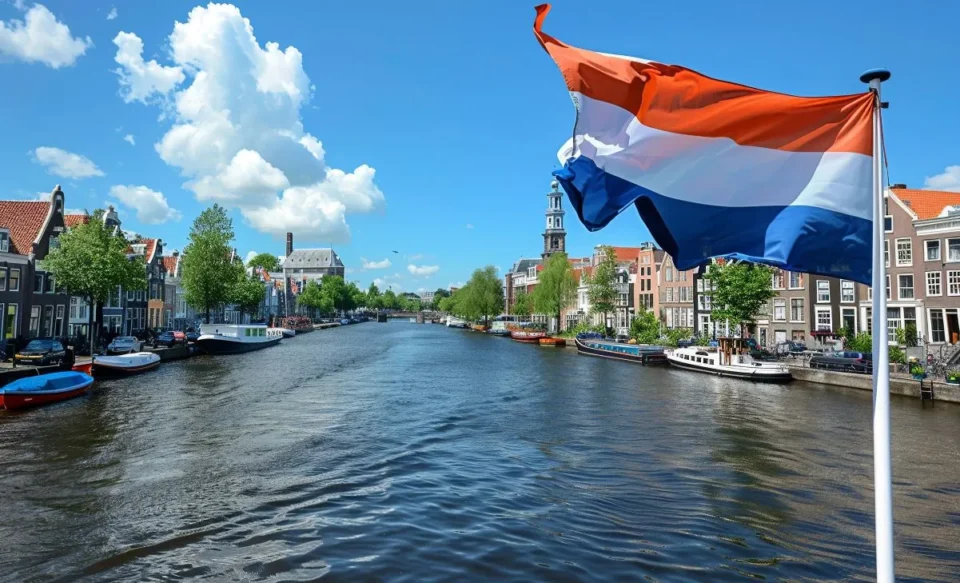 Cena urbana da Holanda, com um rio ou canal fluindo entre prédios históricos. No canto da imagem, a bandeira holandesa está esticada e balançando com o vento. A imagem simboliza a localidade e o ambiente de estudos na Holanda para o programa de bolsas da Universidade Radboud.