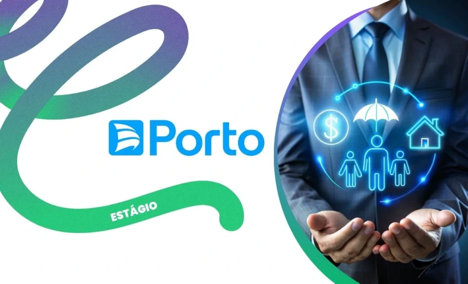 Logo da Porto em destaque central, com um homem de terno à direita, do tronco para cima, projetando símbolos digitais de seguros de casa e vida das palmas de suas mãos, representando inovação e proteção.