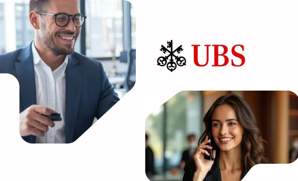 Logo do UBS em posição central, ladeado por uma executiva morena em comunicação ativa ao celular (direita) e um executivo trabalhando no computador (esquerda), ilustrando a tecnologia e o dinamismo da liderança no mercado financeiro global.