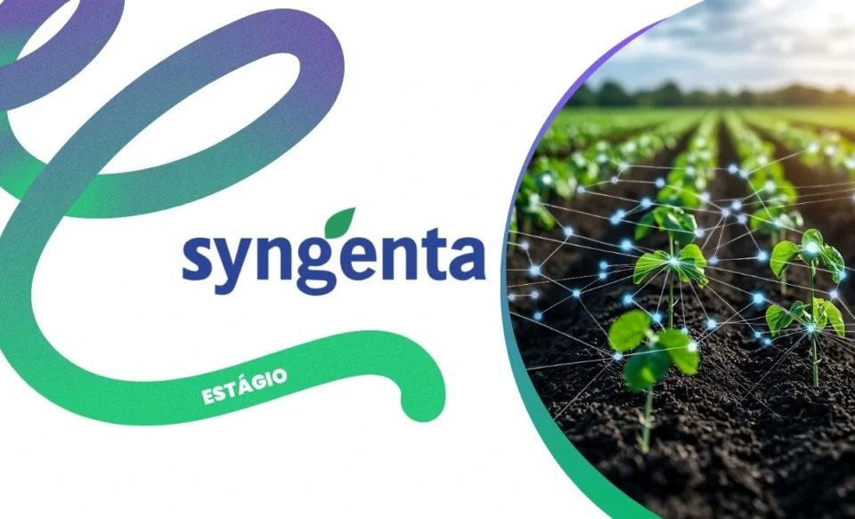 Logomarca da Syngenta no centro, com imagem de mudas de plantas enfileiradas no campo à direita e um holograma tecnológico interligando-as, simbolizando a inovação digital no agronegócio.