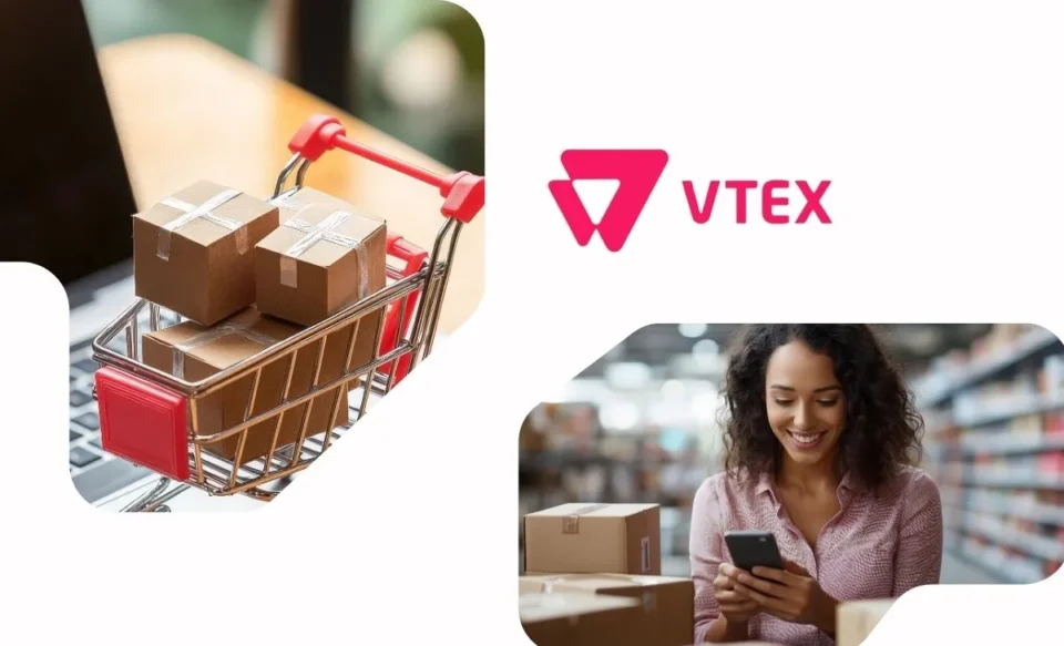 Um carrinho de compras em miniatura repousa sobre um computador à esquerda. No centro, destaca-se a logomarca da VTEX. À direita, uma mulher segura um celular enquanto observa diversas caixas de mercadorias empilhadas, sugerindo o ambiente de e-commerce e gestão de pedidos.