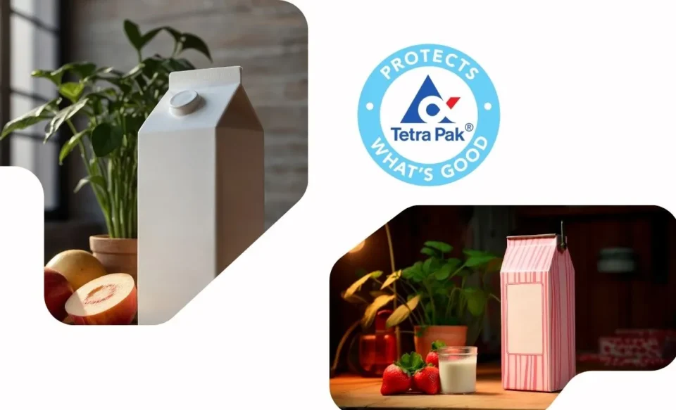 Logomarca da Tetra Pak centralizada, flanqueada à esquerda por uma caixa de leite sobre uma mesa junto a maçãs e à direita por uma embalagem similar ao lado de morangos. A imagem reforça o foco da Tetra Pak em proteger alimentos e embalagens.
