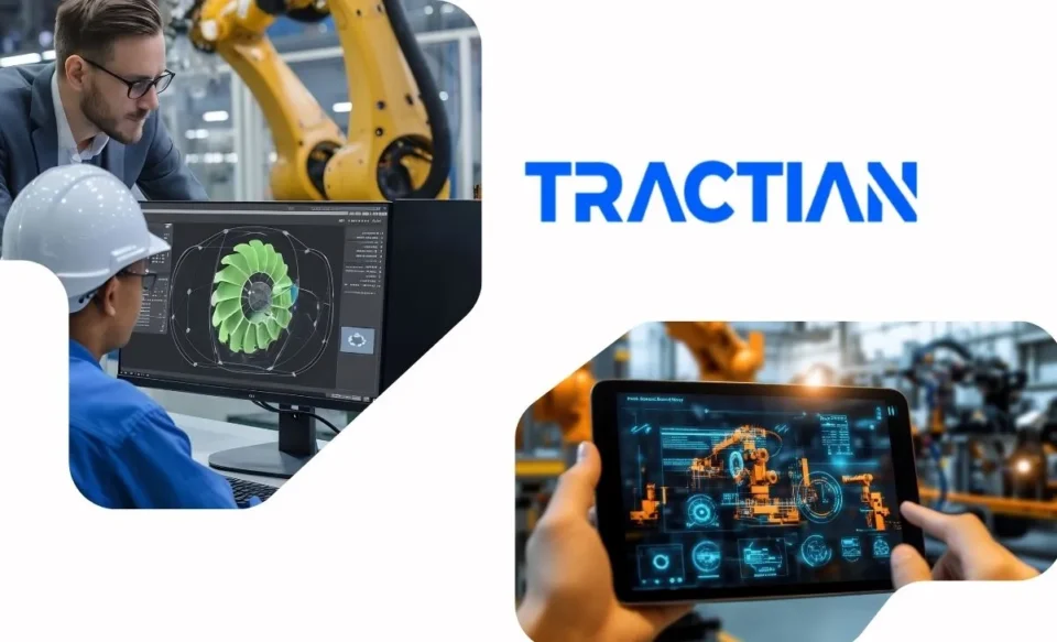 A logomarca da Tractian, com seu design característico, está posicionada proeminentemente no centro da imagem. No lado esquerdo, uma fotografia captura dois homens trabalhando colaborativamente em uma estação de computador, focados em um sistema de automação ou software, evidenciando o aspecto tecnológico e o trabalho em equipe da empresa. Do lado direito, uma imagem de um tablet exibe uma interface gráfica simulando um processo de automação, com máquinas industriais visíveis ao fundo, ilustrando a aplicação prática da tecnologia da Tractian na otimização de operações fabris.