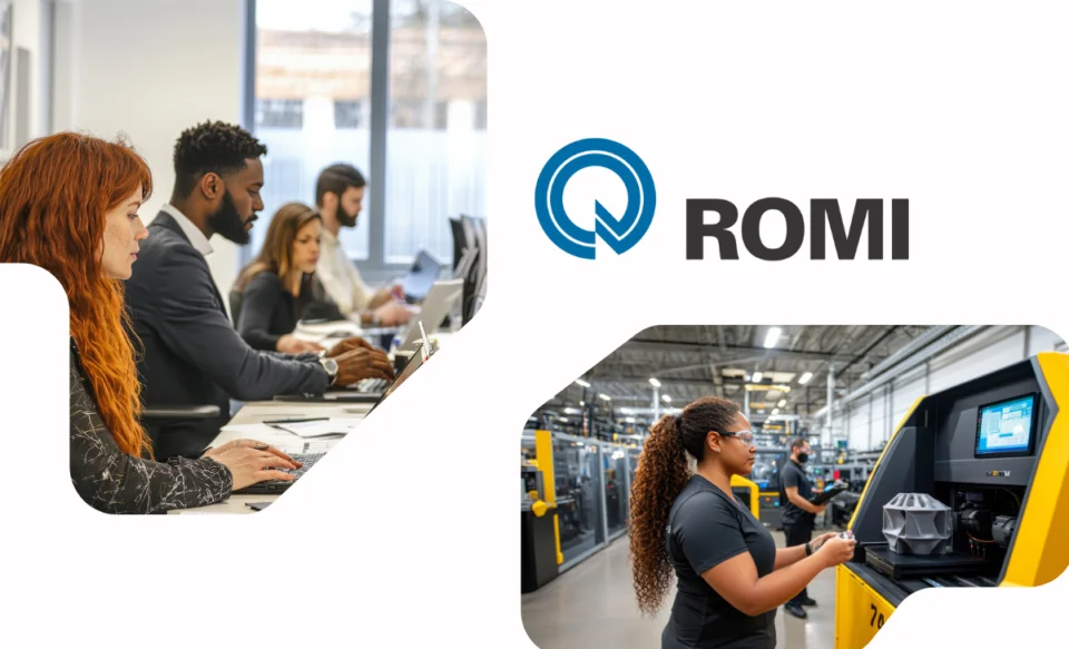 Logomarca da Romi em destaque no centro. À esquerda, um escritório corporativo moderno com diversas pessoas trabalhando, e à direita, uma mulher focada manuseando uma máquina industrial.