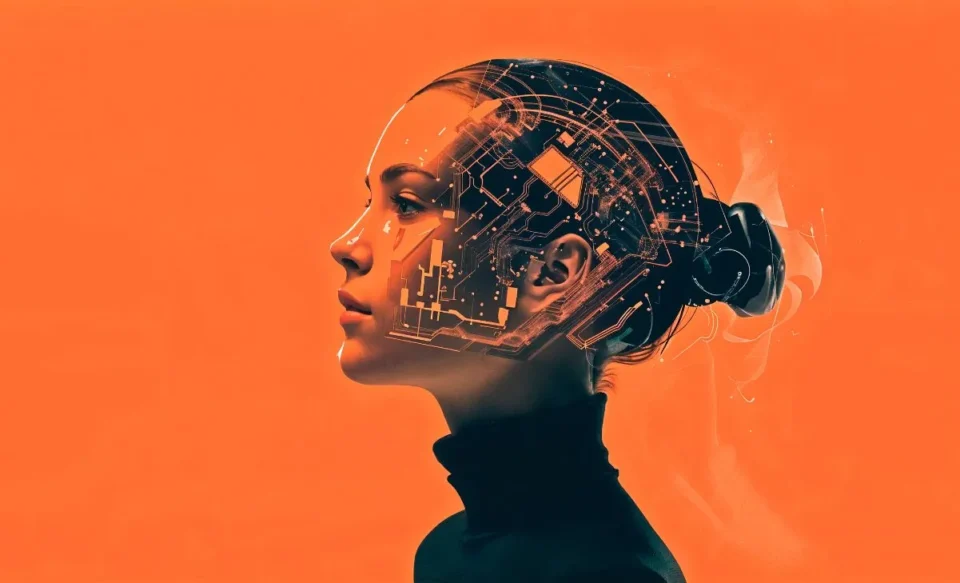 Mulher de perfil com fundo laranja e luz em formato de cérebro de inteligência artificial; imagem ilustra o tema de IA e tecnologia do Red Hat Summit 2025.