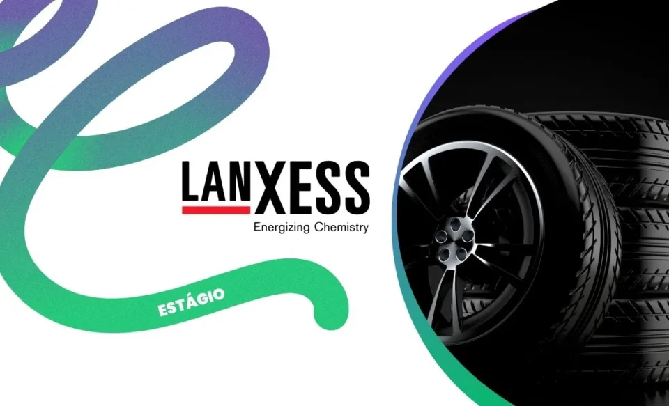 Logomarca da LANXESS, líder em especialidades químicas, em destaque ao lado de um conjunto de pneus, representando a atuação da empresa no setor automotivo e de borracha.
