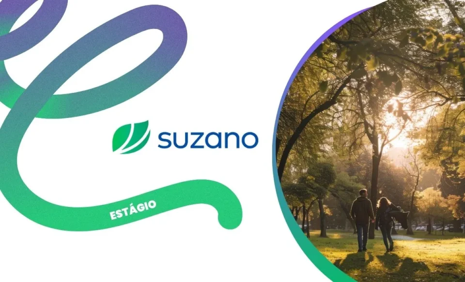 Logomarca da Suzano em destaque, acompanhada de uma imagem de um casal caminhando em um parque ensolarado, com muitas árvores ao redor. A cena transmite a conexão da empresa com a natureza, o bem-estar e o propósito de "renovar a vida a partir da árvore".
