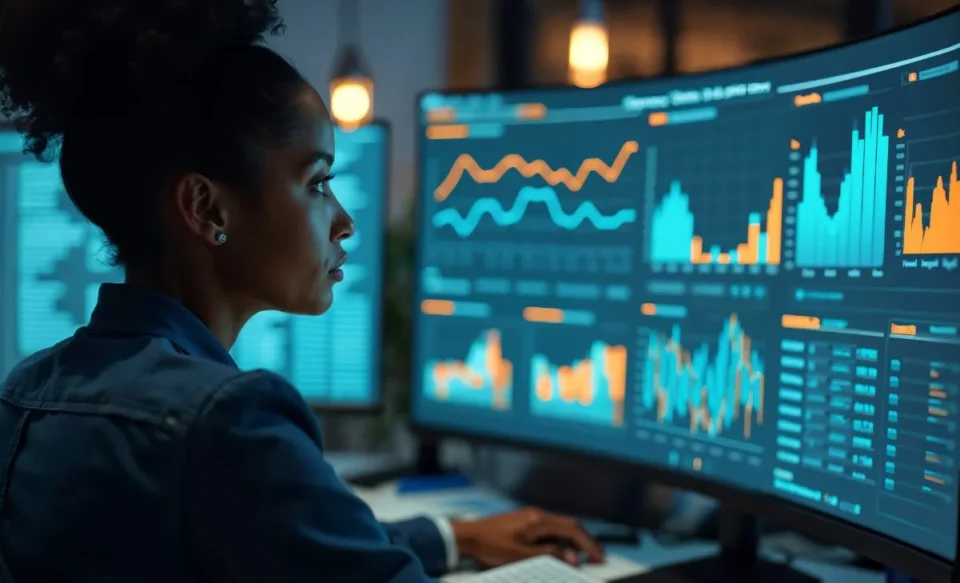 Imagem de uma analista de dados focada em frente a uma estação de trabalho com dois monitores, revisando gráficos e informações técnicas em ambas as telas. A cena representa a intensidade do trabalho com análise de dados e a rotina de um profissional de tecnologia.