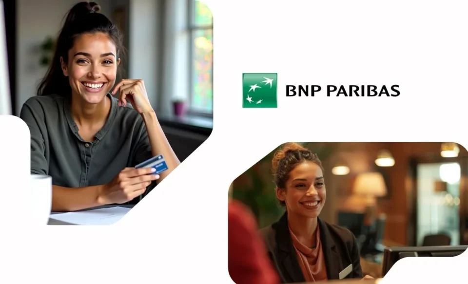 no centro da imagem possui a logomarca do BNP Paribas, do lado direito uma mulher esta de pé segurando um celular e do lado esquerdo uma mulher na frente do computador e segurando com cartão de banco