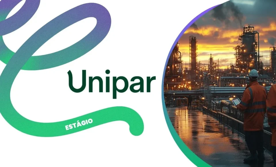 no centro da imagem, tem a logomarca da unipar e no canto direito da imagem, tem uma foto de dois engenheiros olhando para uma planta petroquimica em funcionamento.