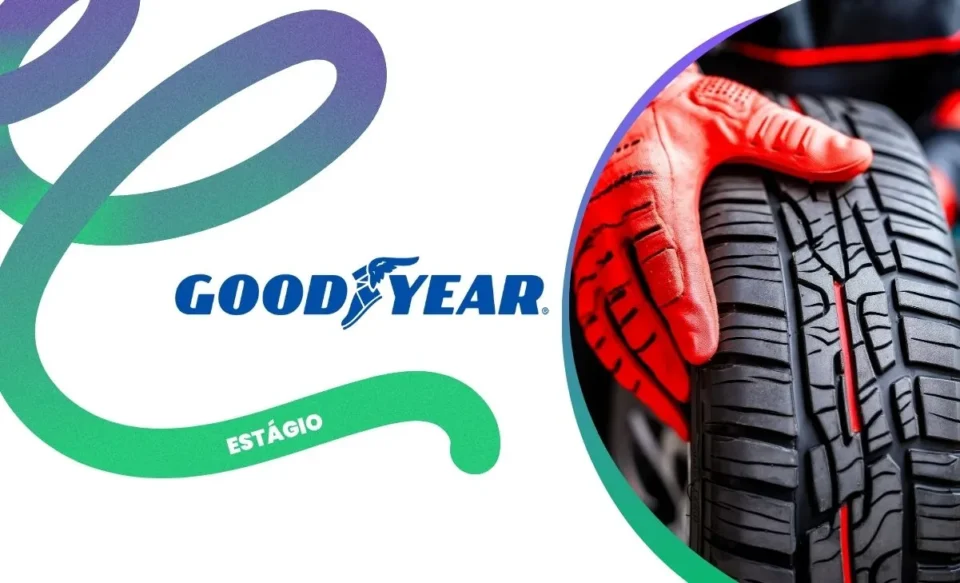 NA IMAGEM CENTRAL, ESTá a logomarca da goodyear, no canto direito da imagem central, tem um foto com pneu e uma mão com luva vermelha.
