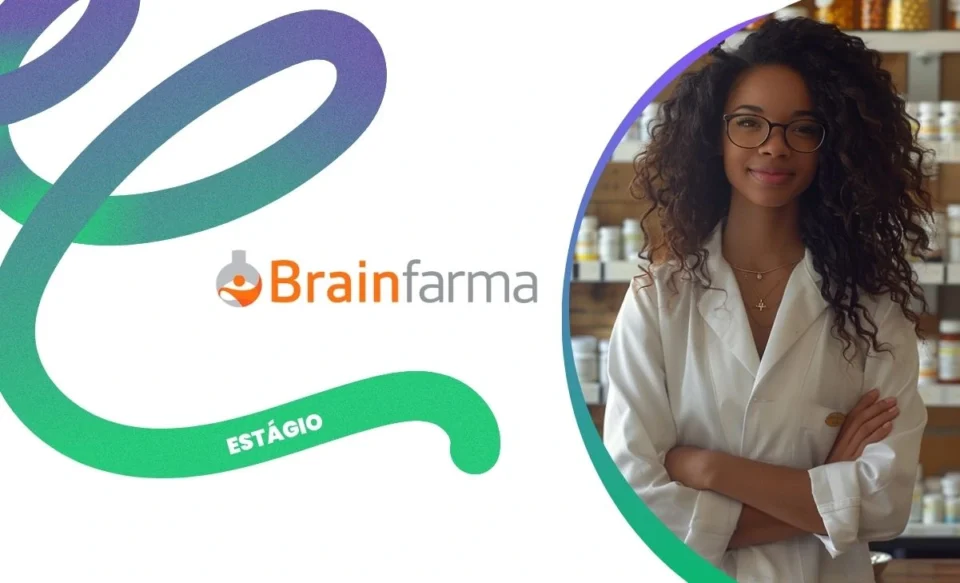 imagem com a logomarca da brainfarma no centro da imagem, no canto direito a foto de uma jovem farmaceutica em seu ambiente de trabalho.