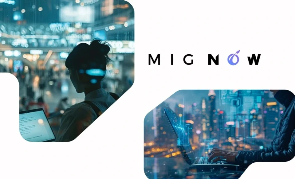 Imagem possui a logomarca da empresa Mignow no centro, do lado esquerdo tem uma foto de um menina no computador, e do lado direito da imagem principal um menino no sentado usando o laptop.