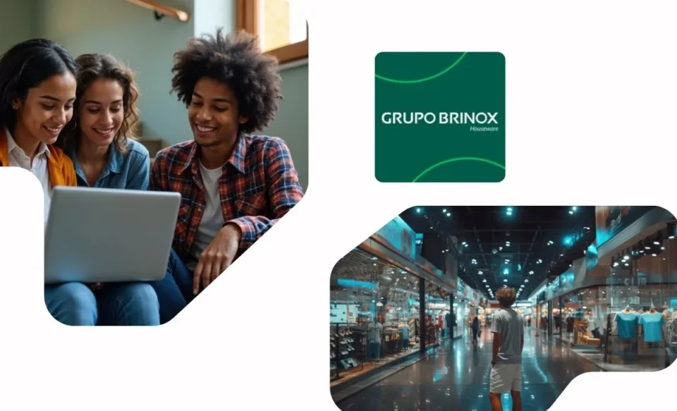Na imagem central está a logomarca da empresa Brinox, do lado esquerdo da imagem tem uma foto de varios jovens sentados na escada de uma universidade vendo o computador, e do lado direito da imagem central tem varias pessoas no corredor de um shopping vendo vitrines de lojas.