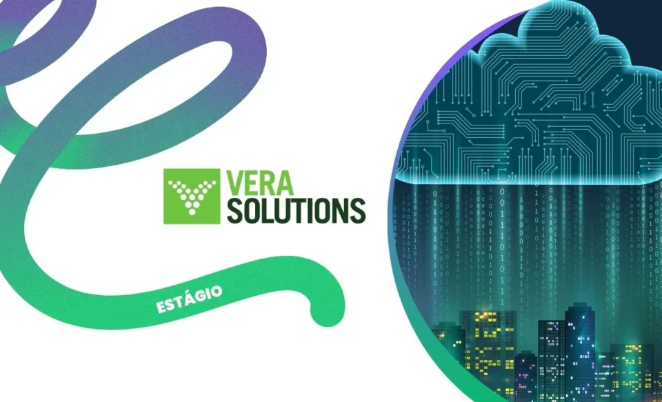 Na parte central da imagem, tem a logomarca da empresa Vera Solutions, e no lado direito da imagem central tem um foto de um nuvem de tecnologia sobre uma cidade.
