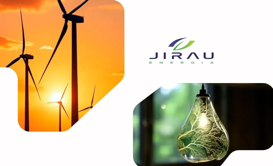 No centro da imagem tem a logomarca da empresa jirau energia, no lado esquerdo tem uma foto com torres a eólicas e do lado direito da imagem central uma lâmpada com plantas dentro simulando a energia limpa