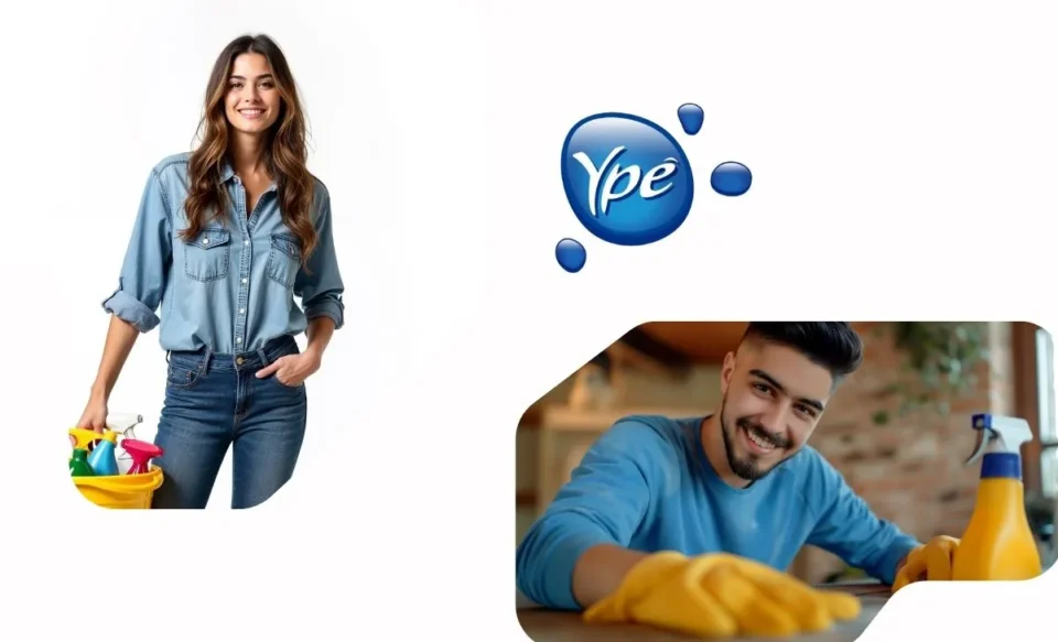 foto de uma mulher segurando material de limpeza no canto esquerdo da imagem, na posiçao central a logomarca da p$G e do lado direito da imaem um homem limpando uma bancada