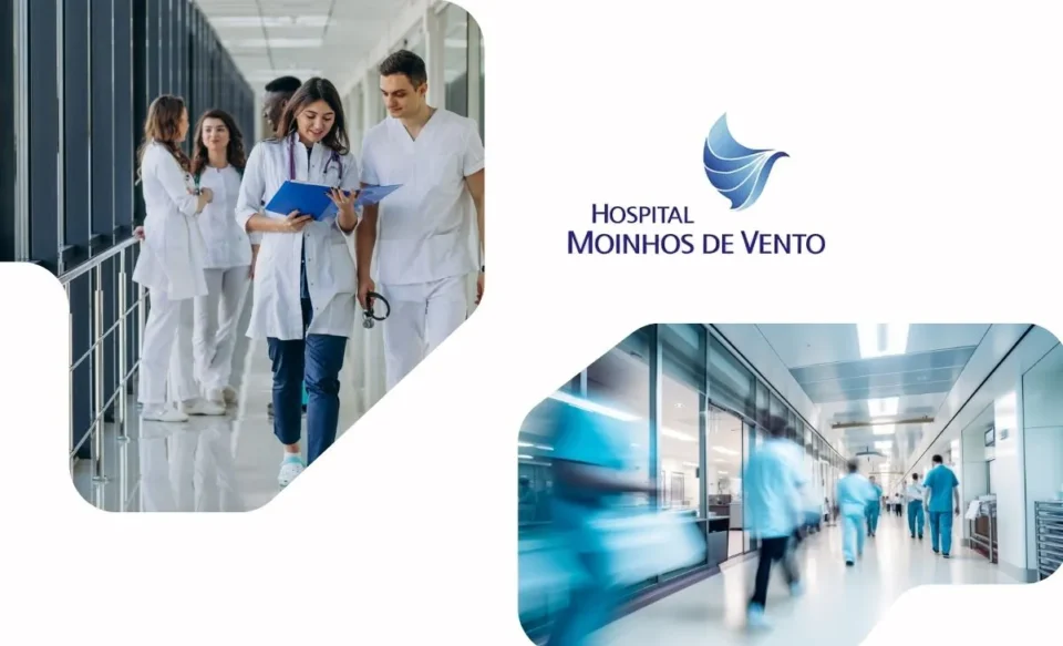 NO LADO ESQUERDO DA IMAGEM CENTRAL, TEM VARIOS ESTUDANTES DE MEDICINA ANDANDO NOS CORREDORES DO HOSPITAL, NA PARTE CENTRAL DA IMAGEM TEM A LOGOMARCA DO HOSPITAL MOINHOS DE VENTO E NA PARTE DIREITA UMA IMAGEM DE UM CORREDOR DE HOSPITAL.