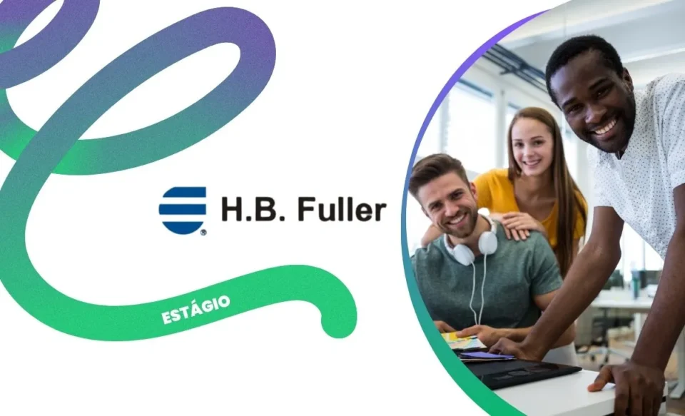NO CENTRO DA IMAGEM TEM A LOGOMARCA DA EMPRESA H.B FULLER E DO LADO DIRETO DA IMAGEM CENTRAL A FOTO DE JOVENS UNIVERSITÁRIOS TRABALHANDO EM UM ESCRITÓRIO CORPORATIVO