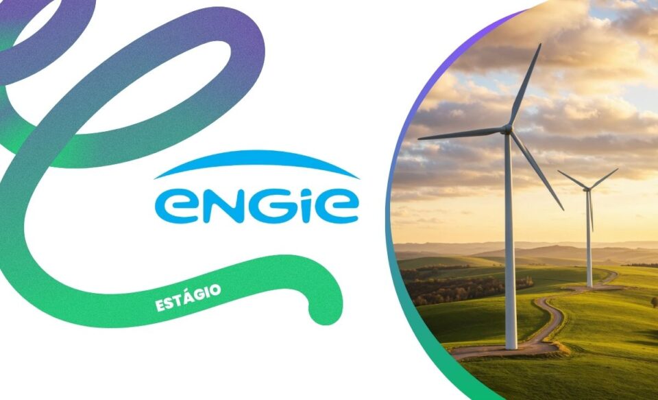 no centro da imagem tem a logo marca da empresa engie, no lado direito da imagem uma foto de ventiladores eolicos