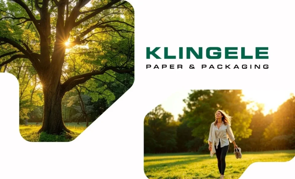 NO CENTRO DA IMAGEM ESTÁ A LOGOMARCA DA EMPRESA KLINGELE, NO LADO ESQUERDO UMA FOTO DE ÁRVORES E NO LADO DIREITO UMA FOTO DE UMA MULHER NO MEIO DE ÁRVORES