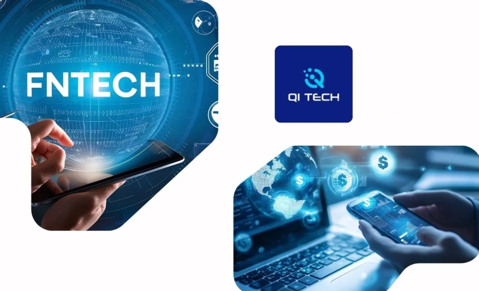 NO CENTRO DA IMAGEM TEM A LOGOMARCA DA EMPRESA QI TECH, DO LADO DIREITO E ESQUERDO DUAS FOTOS SIMULANDO TRANSAÇÕES FINANCEIRAS