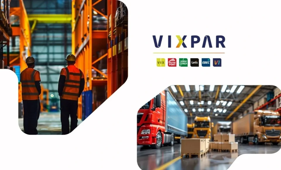 NA IMAGEM TEM A LOGOMARCA DA EMPRESA VIXPAR E FOTOS ILUSTRANDO O DIA A DIA NA ÁREA DA LOGISTICA