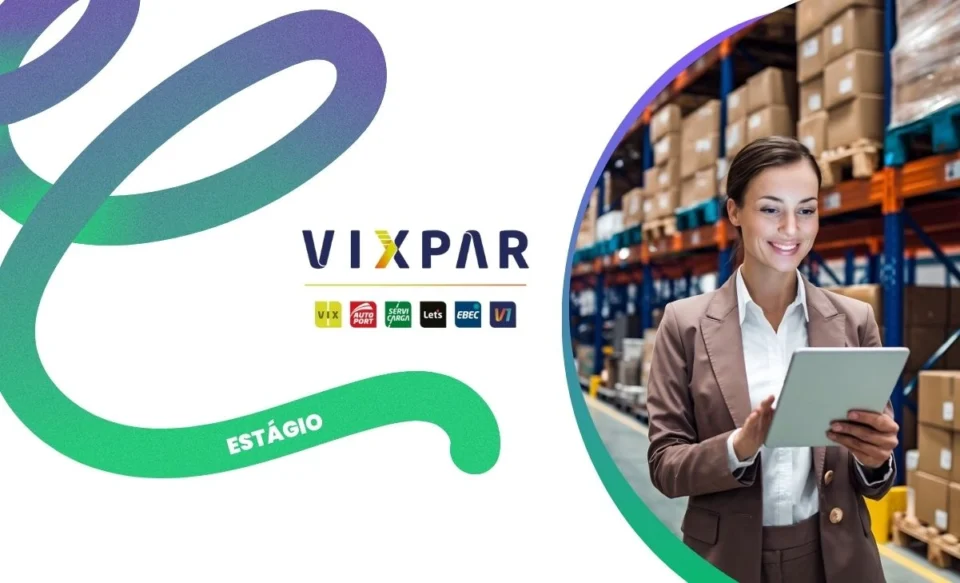 no centro da imagem tem a logomarca da empresa vixpar, no lado direito da imagem tem um foto de uma mulher trabalhando no armazem de logística.