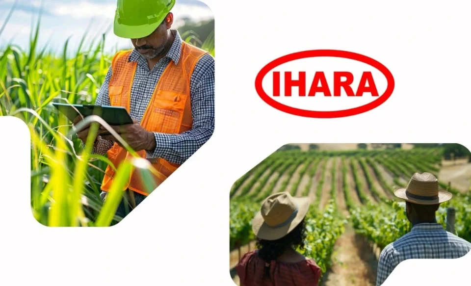NO CENTRO DA IMAGEM TEM A LOGOMARCA DA EMPRESA IHARA, NO LADO DIREITO E ESQUERDO DA IMAGEM TEM FOTO DE HOMENS E MULHERES NO MEIO DA LAVOURA.