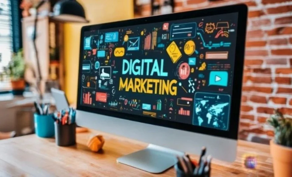 na imagem tem um computador escrito na tela marketing digital, o computador esta em cima de uma mesa de um coworking