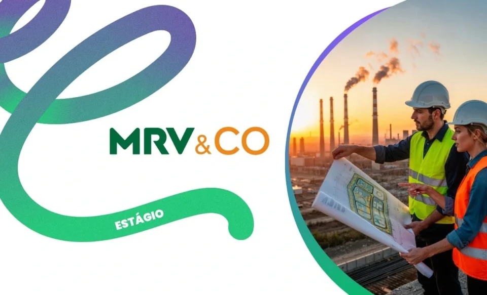 no centro da imagem tem a logomarca da mrv&co, no lado direito da imagem central tem uma foto de dois engenheiros olhando um plano da obra.