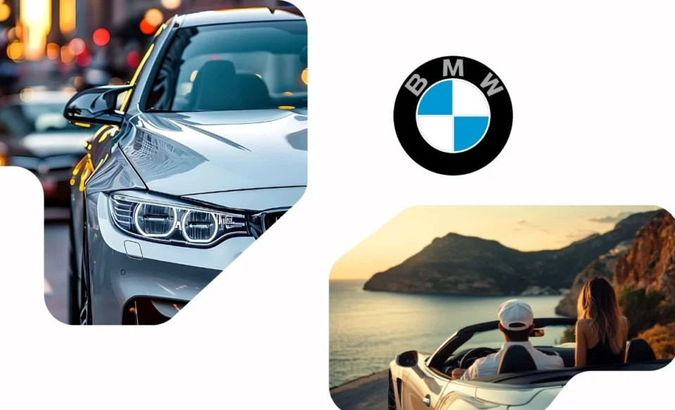 NA IMAGEM TEM A LOGOMARCA DA BMW, NO LADO ESQUERDO DA IMAGEM TEM UMA FOTO DE UM CARRO BMW E DO LADO DIREITO TEM UMA FOTO DE UM CASAL DENTRO DE BMW CONVERSÍVEL.