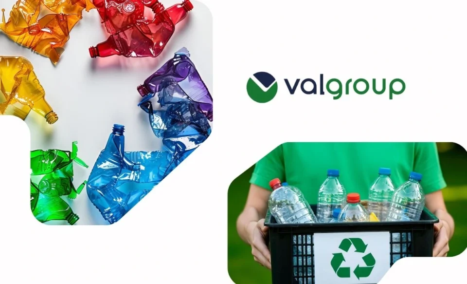 NO CENTRO DA IMAGEM TEM A LOGOMARCA DA EMPRESA VALGROUP, NO LADO DIREITO TEM UMA FOTO DO SÍMBOLO DE RECÍCLAGEM COM GARRAFAS AMASSADAS DE PLÁSTICO, JA NO LADO DIREITO TEM UM HOMEM SEGURANDO UM CAIXOTE COM GARRAFAS DE PLÁSTICOS PARA SEREM RECICLADAS.