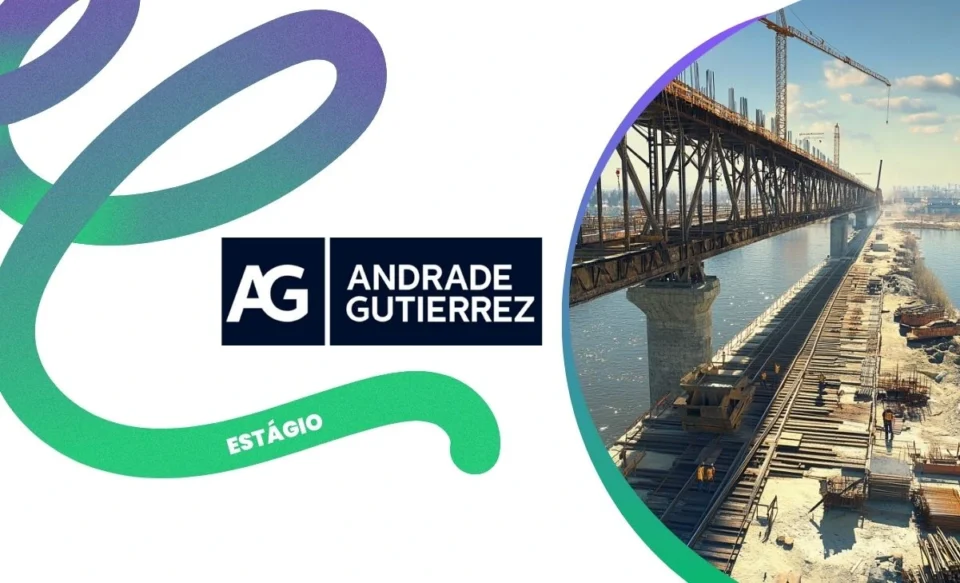no centro da imagem tem a logomarca a empresa andrade gutierrez, no lado direito da imagem central tem uma foto com uma grande obra de uma ponte