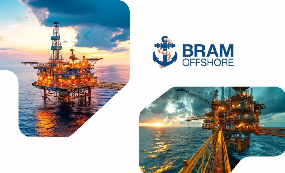 NA IMAGEM TEM A LOGOMARCA DA EMPRESA BRAM OFFSHORE, NO LADO DIREITO E ESQUERDO DA IMAGEM TEM FOTOS DE PLATAFORMAS OFFSHORE