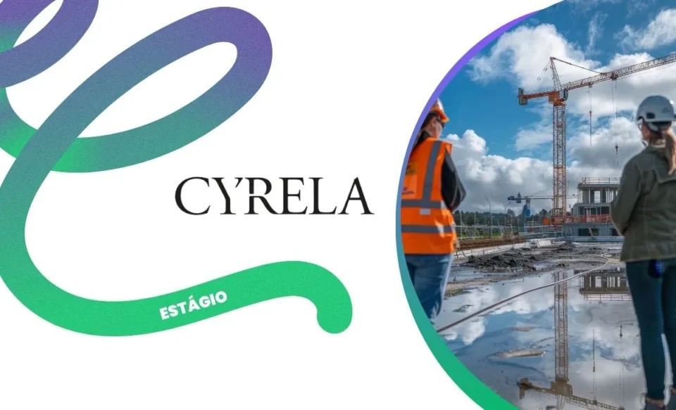 NO CENTRO DA IMAGEM TEM A LOGOMARCA DA EMPRESA CYRELA, NO LADO DIREITO TEM UMA FOTO COM DUAS ENGENHEIRAS OLHANDO UM EDIFÍCIO EM CONSTRUÇÃO.