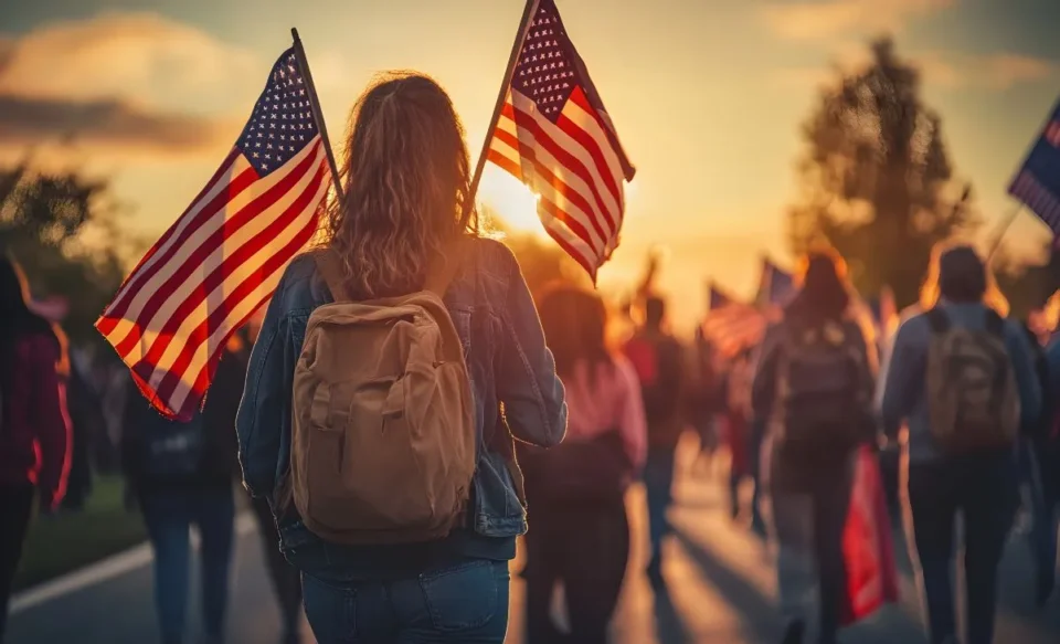 NA IMAGEM TEM VARIOS ESTUDANTES CAMINHANDO NA RUA COM MOCHILAS E ALGUMAS BANDEIRAS DOS ESTADOS UNIDOS.