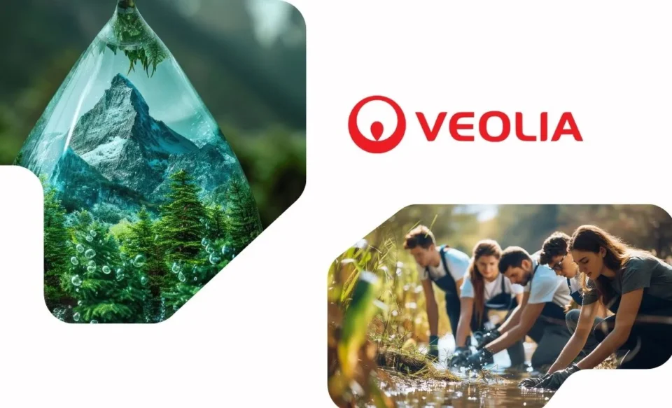 NA IMAGEM CENTRAL TEM A LOGOMARCA DA EMPRESA VEOLIA, DO LADO ESQUERDO UM GOTA DE ÁGUA COM PLANTAS E ARVORES NO MEIO DA GOTA DA ÁGUA, E NO CANTO ESQUERDO VARIOS JOVENS FAZENDO EXPERIMENTOS EM UMA REPRESA.
