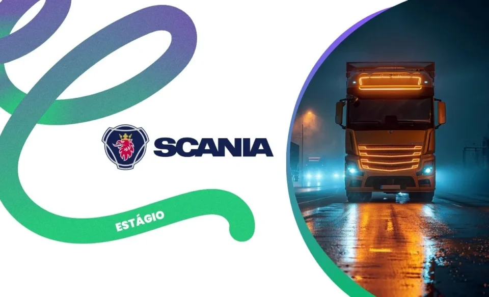 NO CENTRO DA IMAGEM TEM A LOGOMARCA DA SCANIA, E DO LADO DIREITO DA IMAGEM UM FOTO DE UM CAMINHÃO SCANIA