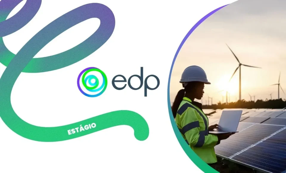 NO CENTRO DA IMAGEM TEM A LOGOMARCA DA EMPRESA EDP, NO LADO DIREITO UMA TÉCNICA MONITORANDO PLACAS SOLARES.