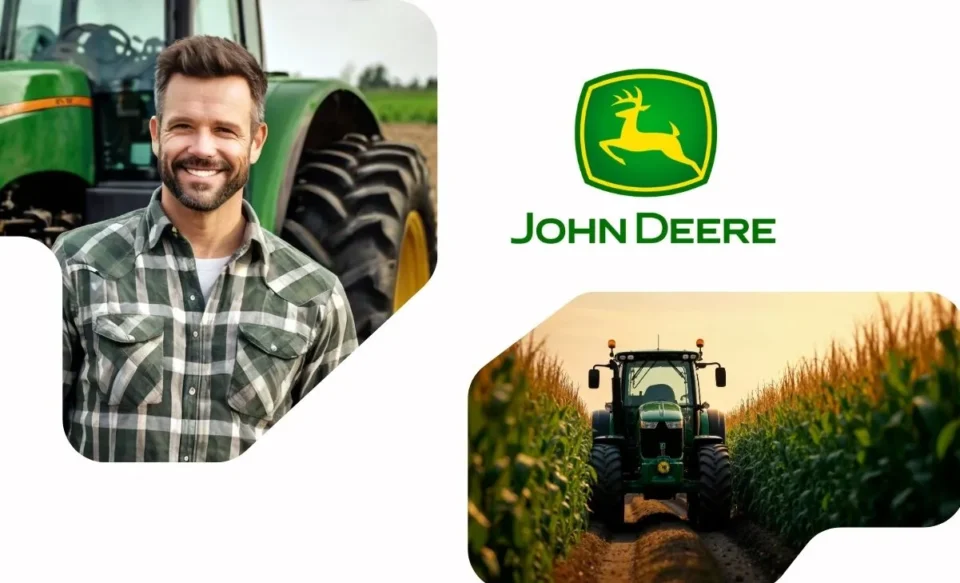 NO CENTRO DA IMAGEM TEM A LOGOMARCA DA EMPRESA JOHN DEERE E NO LADO DIREITO E ESQUERDO DA IMAGEM CENTRAL TEM TRATORES NO MEIO DA PLATAÇÃO.