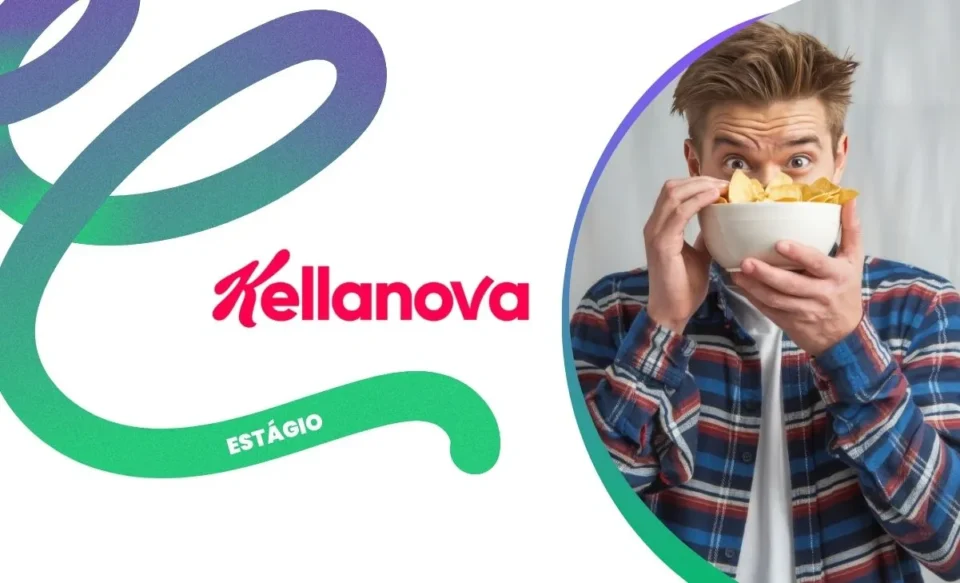 NO CENTRO DA IMAGEM TEM A LOGOMARCA DA EMPRESA KELLANOVA, NO LADO DIREITO DA IMAGEM TEM UM HOMEM SEGURANDO UMA TIJELA COM SNACKS