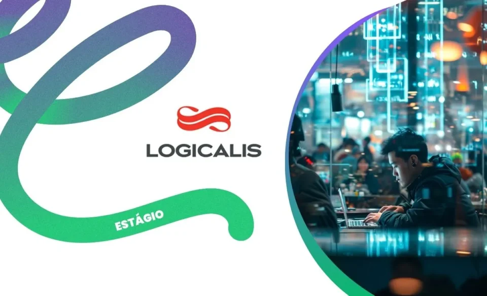 NO CENTRO DA IMAGEM TEM A LOGOMARCA DA EMPRESA LOGICALIS, E NO LADO DIREITO DA IMAGEM TEM UM JOVEM TRABALHANDO NO COMPUTADOR