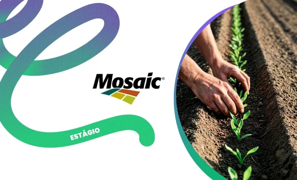 NO CENTRO DA IMAGEM TEM A LOGOMARCA DA EMPRESA MOSAIC, NO LADO DIREITO TRAZ UMA FOTO DE UMA PLANTAÇÃO.