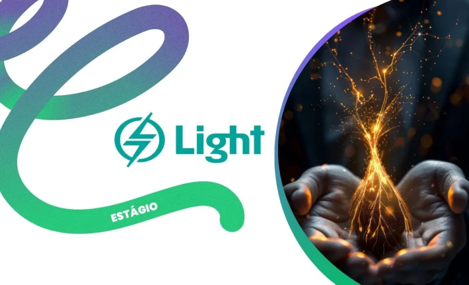 No centro da imagem tem a logomarca da empresa Light, e no lado direito da imagem tem uma foto de uma mão segurando uma lâmpada.