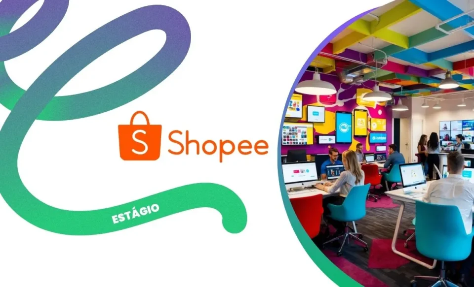 NO CENTRO DA IMAGEM TEM A LOGOMARCA DA SHOPEE E NO LADO DIREITO DA IMAGEM TEM UMA FOTO DE UM ESCRITÓRIO CORPORATIVO COM PESSOAS TRABALHANDO.