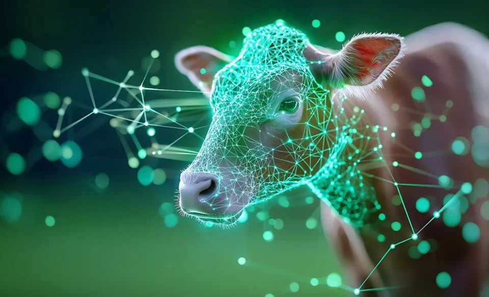 a imagem mostra uma vaca com traços ilustrativos de desenvolvimento genético.