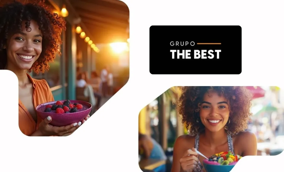 NO CENTRO DA IMAGEM TEM A LOGOMARCA DO GRUPO THE BEST, NO LADO DIREITO E ESQUERDO DA IMAGEM TEM FOTOS DE MULHERES COMENDO AÇAÍ